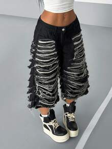 StreetHx Women's Pocket Distressed Frayed Hem Wide Leg Loose Casual 7/8 Length Jeans - Black - View 4