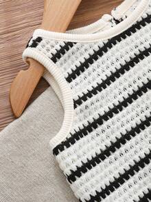 Cozy Pixies 女婴条纹撞色荷叶边无袖上衣和松紧腰短裤两件套 - 黑與白 - 查看 5