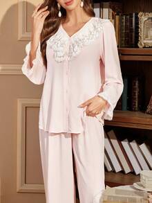 SHEIN Pale Pink Long Sleeve Women's Pajama Set, Featuring Delicate Ruffle Embroidery And Tassel Design, V-Neck Button Front, Loose Fit Homewear 2-Piece Set - Baby Pink - View 3