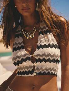 Aralina Two Pieces Vacation Festival Stripe Texture Summer Spring Swim Beach Cover Up Mini Skirt Halter Button Top - Multicolor - View 3