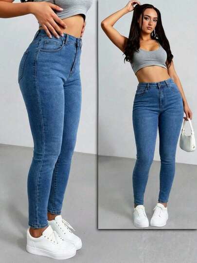 Jeans Skinny de Tiro Alto para Mujer | Pantalón de Mezclilla Stretch Estilo Minimalista | Denim Premium