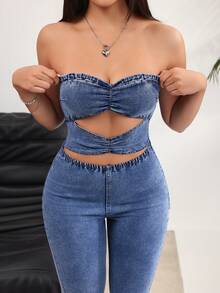 Rivivi Women's Strapless Cutout Ruched Fashion Flare Leg Denim Jumpsuit - Blue - View 7