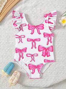 SHEIN Emery Rose Kids 女婴可爱蝴蝶结印花休闲针织荷叶袖撞色连体泳衣，夏季女婴可爱针织蝴蝶结拼接撞色吊带连体泳衣，适合夏季外出、游泳、海滩度假 - 粉色 - 查看 6