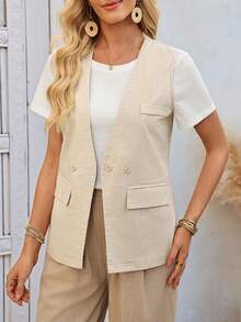 EMERY ROSE 女士V领休闲三扣背心外套 - 杏色 - 查看 6