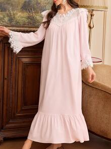 SHEIN 宫廷风女士宽松长袖粉色睡裙，撞色刺绣滚边V领睡衣连衣裙 - 淺粉色 - 查看 1