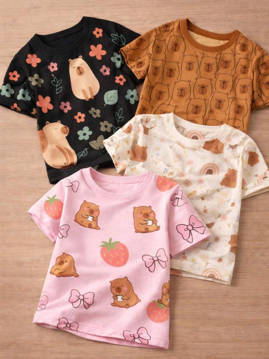 Conjunto de 4 playeras para niña de manga corta, informal de punto suave con estampado capybaras. Conjunto de cuatro camisetas para niñas de de 3 a 7 años, en o estilo cute. Sensación tipo algodón, textura suave, fresca y cómoda. - Multicolor - Ver 1