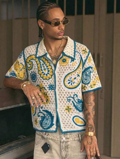 AXEPEAK Men's Vacation Cashew Pattern Short Sleeve Single-Breasted Hollow Out Knit Cardigan