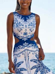 CAJUNI Women's Summer Vacation Floral Print Hollow Out Sleeveless Dress, Beach Outfit For Women Dress - Blue - View 1