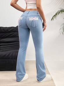 SHEIN EZwear Women's Bow Decor Pocket Casual Flare Leg Jeans Bootcut Jeans For Women - Blue - View 2