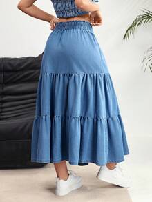 Rivivi Women's Casual Denim Skirt With Tie Waist And Double Ruffle Hem - Light Wash - View 2