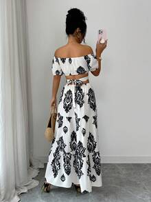 SHEIN Elenzya Đầm nữ tay ngắn dáng chữ A trễ vai xếp ly in họa tiết Paisley, thanh lịch cho mặc hàng ngày, đi nghỉ mát, đi làm, ngày Valentine, hẹn hò, phong cách đường phố Pháp, cổ điển, dự tiệc, màu mơ chủ đạo phối họa tiết đen, mẫu mới về đầu xuân/hè. - Nhiều màu - Xem 2