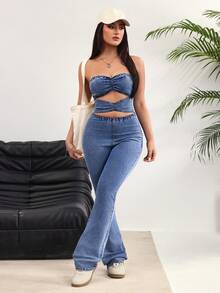 Rivivi Women's Strapless Cutout Ruched Fashion Flare Leg Denim Jumpsuit - Blue - View 1
