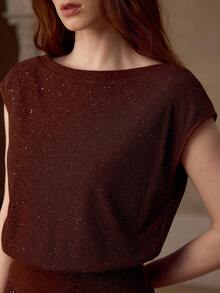 MOTF PREMIUM WOMEN'S SHINY ELASTIC KNIT TOP AND SKIRT 2 PIECES SET, SPRING/SUMMER - Coffee Brown - View 2