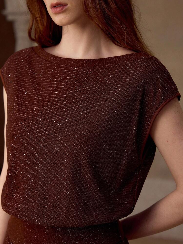 WOMEN'S SHINY ELASTIC KNIT TOP AND SKIRT 2 PIECES SET, SPRING/SUMMER