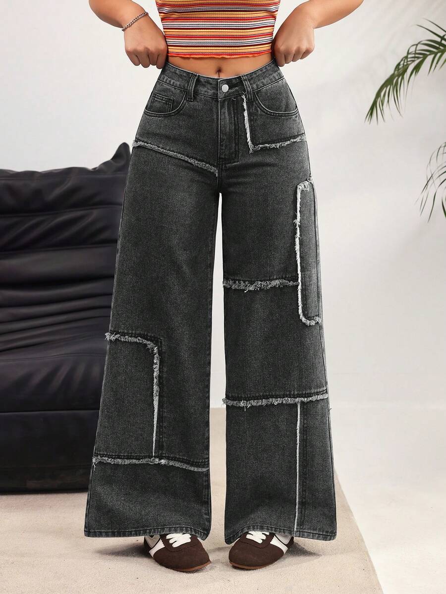 SHEIN EZwear 女士毛边斜插口袋休闲阔腿牛仔裤 - 黑色 - 查看 1