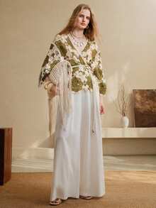 Arave 女士宽松镂空针织纹理开衫，仿羊绒质感，休闲短款 - 軍綠色 - 查看 3