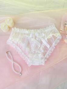 White Floral Lace Ruffle Trim Sheer Bowknot Cute Sweet Sexy Women Panties - White - View 6