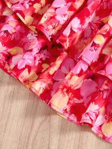 少女修身休闲简约舒适吊带花卉荷叶边下摆两件套 - 珊瑚橙 - 查看 4