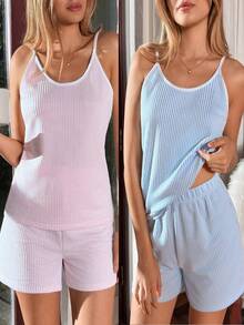 SHEIN Women 2 Sets Striped With Contrast Colour Binding Detail Homewear Top&Shorts Homewear Lounge Pajama Set - Multicolor - View 1