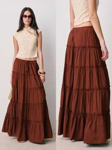 Nöista Brown Tiered Maxi Skirt Features A Drawstring Waist For Adjustable, Panels. Boho, Summer, Spring, Long Skirt. - Brown - View 1