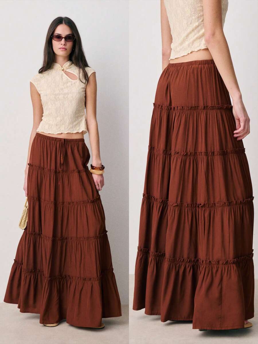 Nöista Brown Tiered Maxi Skirt Features A Drawstring Waist For Adjustable, Panels. Boho, Summer, Spring, Long Skirt. - Brown - View 1