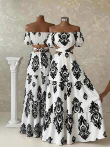 SHEIN Elenzya Đầm nữ tay ngắn dáng chữ A trễ vai xếp ly in họa tiết Paisley, thanh lịch cho mặc hàng ngày, đi nghỉ mát, đi làm, ngày Valentine, hẹn hò, phong cách đường phố Pháp, cổ điển, dự tiệc, màu mơ chủ đạo phối họa tiết đen, mẫu mới về đầu xuân/hè. - Nhiều màu - Xem 7
