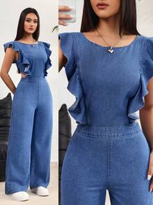 Rivivi Women's Round Neck Patchwork Ruffle Hem Fashionable Wide Leg Denim Jumpsuit - Blue - View 9