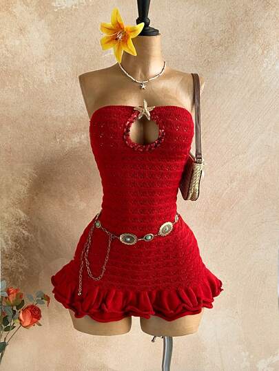 Soleia 女士海星装饰抹胸针织连衣裙，红色