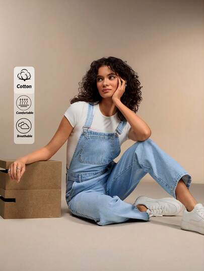 Blue Long Slim-Fit Comfortable Casual Denim Jumpsuit With Pockets