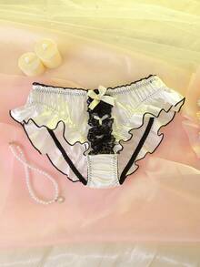 DelicateAllure Romantic Ruched Lace Trim Colorblock Bow Briefs For Women Ladies Panties Panty Underwear Women's Underwear Lingerie Short Knickers,Wedding,Bridal Wedding Lingerie For Bride - White - View 6