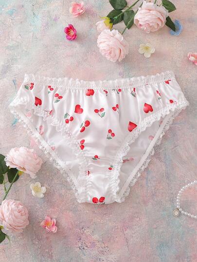 Pink Floral Countryside Curvy Romantic Comfy Floral Print Satin Ruched Ruffle Trim Floral Lace Ruched Edge Women's Panties