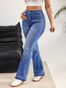 Rivivi 女士休闲毛边喇叭牛仔裤 - 藍色 - 查看 4