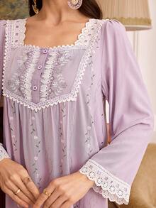 PalaceNights Palace Style Square Collar Lace Detail Soft Embroidered Long Nightgown - Mauve Purple - View 5