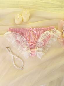 Pink Ruched Back Bow Ruffle Lace Frill High Waist Sheer Doll Comfortable Women Panties - Pink - View 6