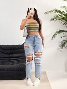 Rivivi Women's High Waist Pocket Distressed Tapered Casual Jeans - Light Wash - View 7