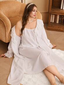 SHEIN Palace Style Double-Layer Lace Trim Collar Cinched Waist Long Sleeve Robe + Camisole Plus Size Pajama Set - White - View 4
