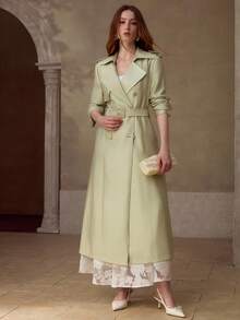 MOTF PREMIUM WOMEN'S SPRING/SUMMER LINEN-LIKE COTTON CASUAL ELEGANT BELTED TRENCH COAT - Mint Green - View 4