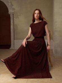 MOTF PREMIUM WOMEN'S SHINY ELASTIC KNIT TOP AND SKIRT 2 PIECES SET, SPRING/SUMMER - Coffee Brown - View 5