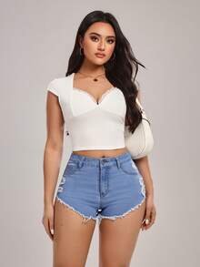 SHEIN Tall 女士高腰带口袋破洞毛边休闲牛仔短裤 - 藍色 - 查看 8