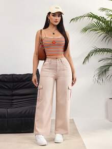 Rivivi Women's Loose Fit Wide Leg Casual Versatile Cargo Jeans - Khaki - View 5