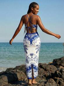 CAJUNI Women's Summer Vacation Floral Print Hollow Out Sleeveless Dress, Beach Outfit For Women Dress - Blue - View 2