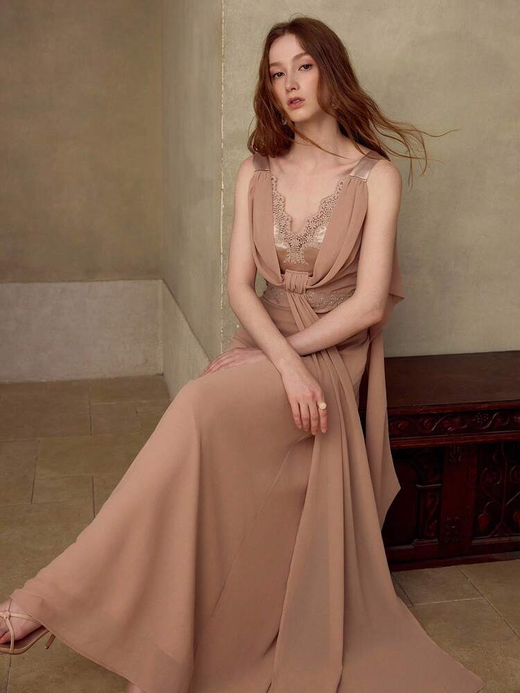 WOMEN'S ROMANTIC ELEGANT LACE PATCHWORK A-LINE LONG DRESS, SPRING/SUMMER