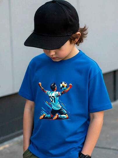 Shendy Vendy Camiseta para niños de 4 a 12 años de 100% algodón con manga corta y cuello redondo con diseño estampado de jugador anotando gol victoria triunfo futbol soccer