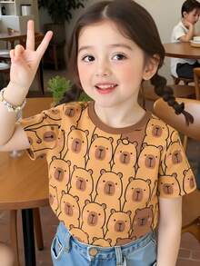 Conjunto de 4 playeras para niña de manga corta, informal de punto suave con estampado capybaras. Conjunto de cuatro camisetas para niñas de de 3 a 7 años, en o estilo cute. Sensación tipo algodón, textura suave, fresca y cómoda. - Multicolor - Ver 4