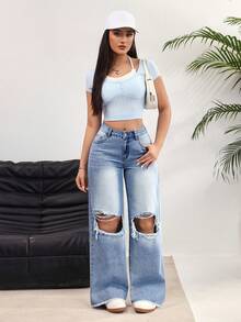 SHEIN EZwear 女士口袋破洞阔腿宽松休闲牛仔裤 - 藍色 - 查看 5