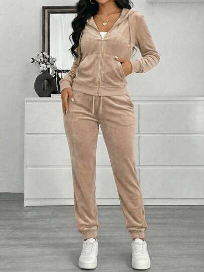  Nes Sport Conjuntode 2 piezas para mujer chamarra y pants de terciopelo Dama Velour Compuesto Por Sudadera Con Capucha y Pantalones