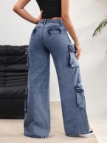 SHEIN EZwear 女士宽松工装口袋阔腿休闲牛仔裤 - 藍色 - 查看 2