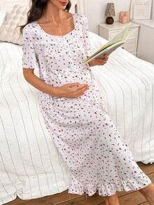 Moonlight&Mama Elegant Ditsy Floral Ribbed Fabric Lace Patchwork Short Sleeve Button Maternity Long Nightgown, Comfortable - White - View 5