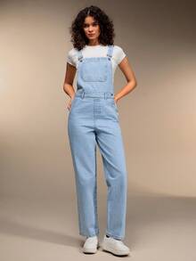 Blue Long Slim-Fit Comfortable Casual Denim Jumpsuit With Pockets - Medium Wash - View 3