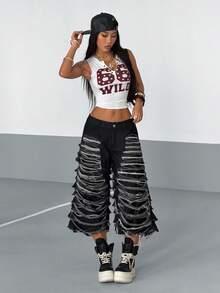 StreetHx Women's Pocket Distressed Frayed Hem Wide Leg Loose Casual 7/8 Length Jeans - Black - View 6